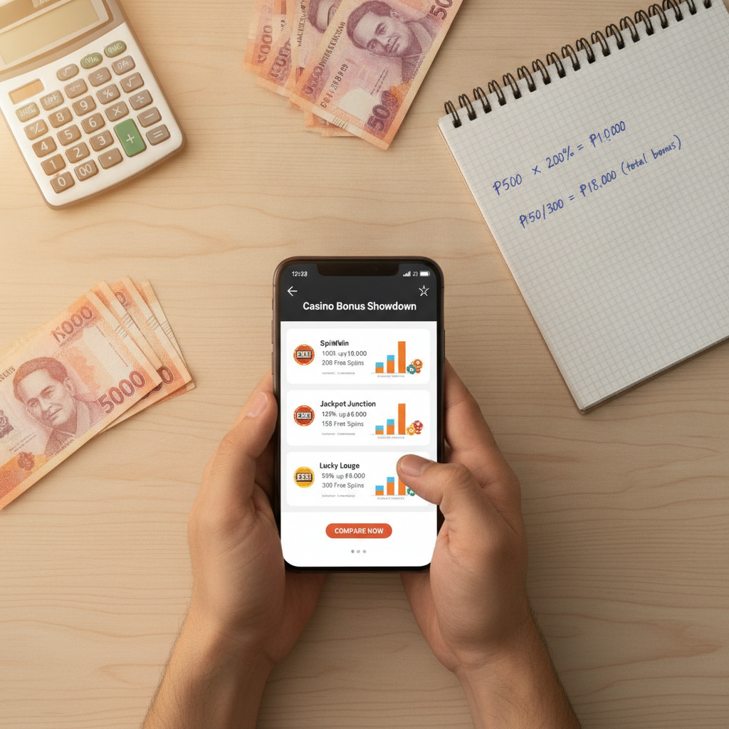 Hands comparing casino bonus offers on smartphone with calculator and peso bills on desk